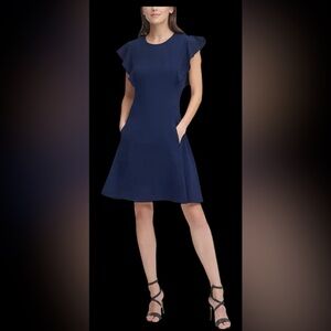 DKNY Blue A-Line Mini Dress Crew Neck Short Sleeve